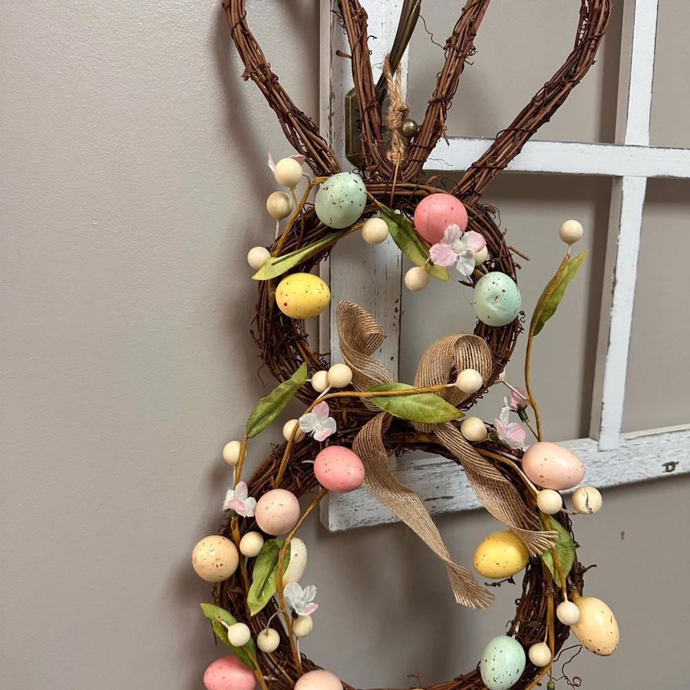 Easter Bunny Grapevine Wreath with Pastel Eggs